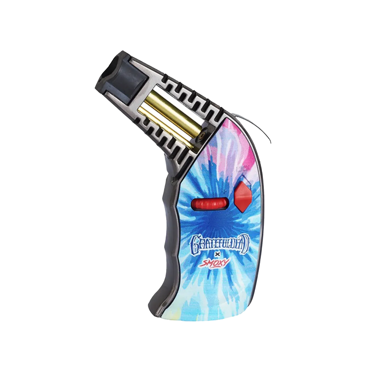Angled close-up of the Grateful Dead Thrust Torch showing its kaleidoscope tie-dye panel, red trigger, and exposed brass burner.