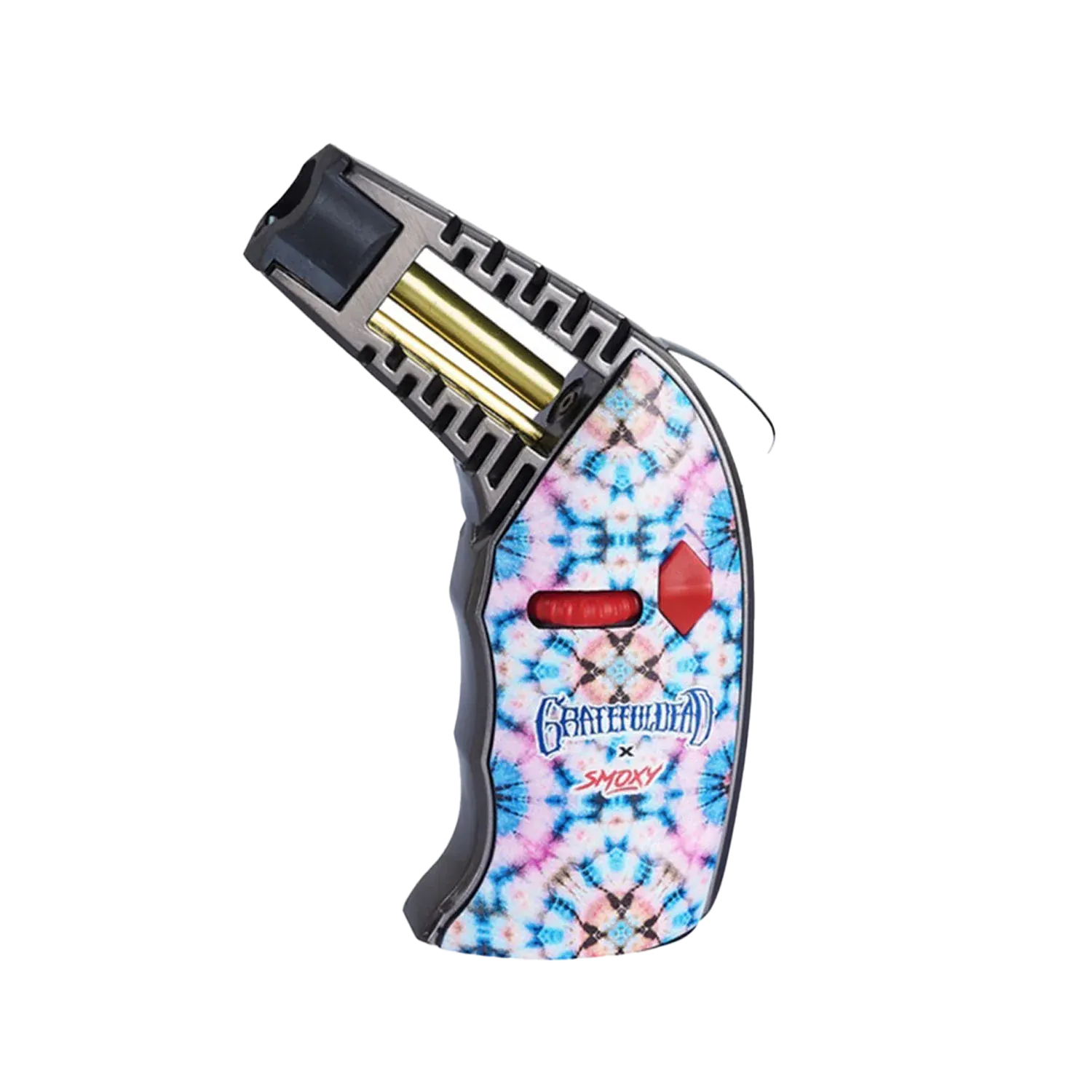 Angled close-up of the Grateful Dead Thrust Torch showing its open black nozzle and brass fuel canister above a pink-and-blue tie-dye patterned handle.