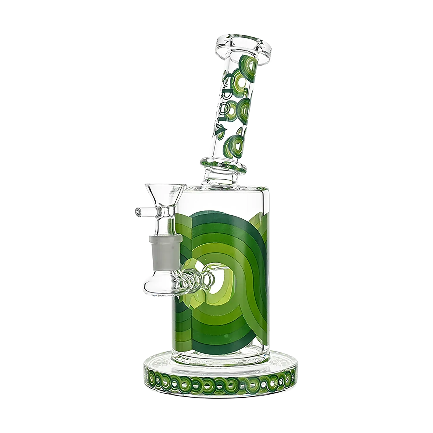 Three-quarter view of the Croia Glass Retro Scientific Bong with Matrix Perc showing its clear glass body with concentric green circular patterns, matching decorated base, and angled mouthpiece.