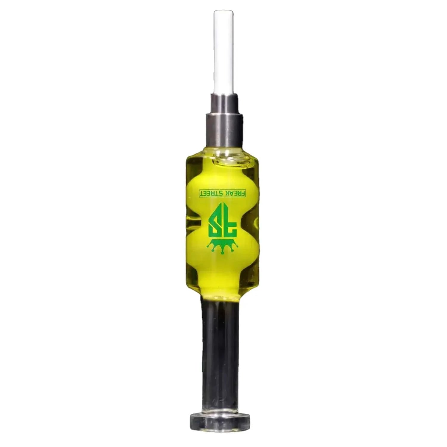 Vertical close-up of the purple Freak Street Glycerin Nectar Collector w Ceramic Screw Tip - 14mm showing its yellow-green glycerin chamber with logo and metal ceramic tip against a white background