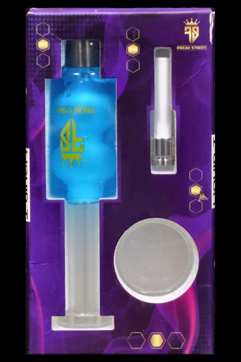 Top-down view of the Freak Street Glycerin Nectar Collector w Ceramic Screw Tip - 14mm box showing a green glycerin chamber, frosted glass stem, ceramic tip, and round metal container against a purple backing