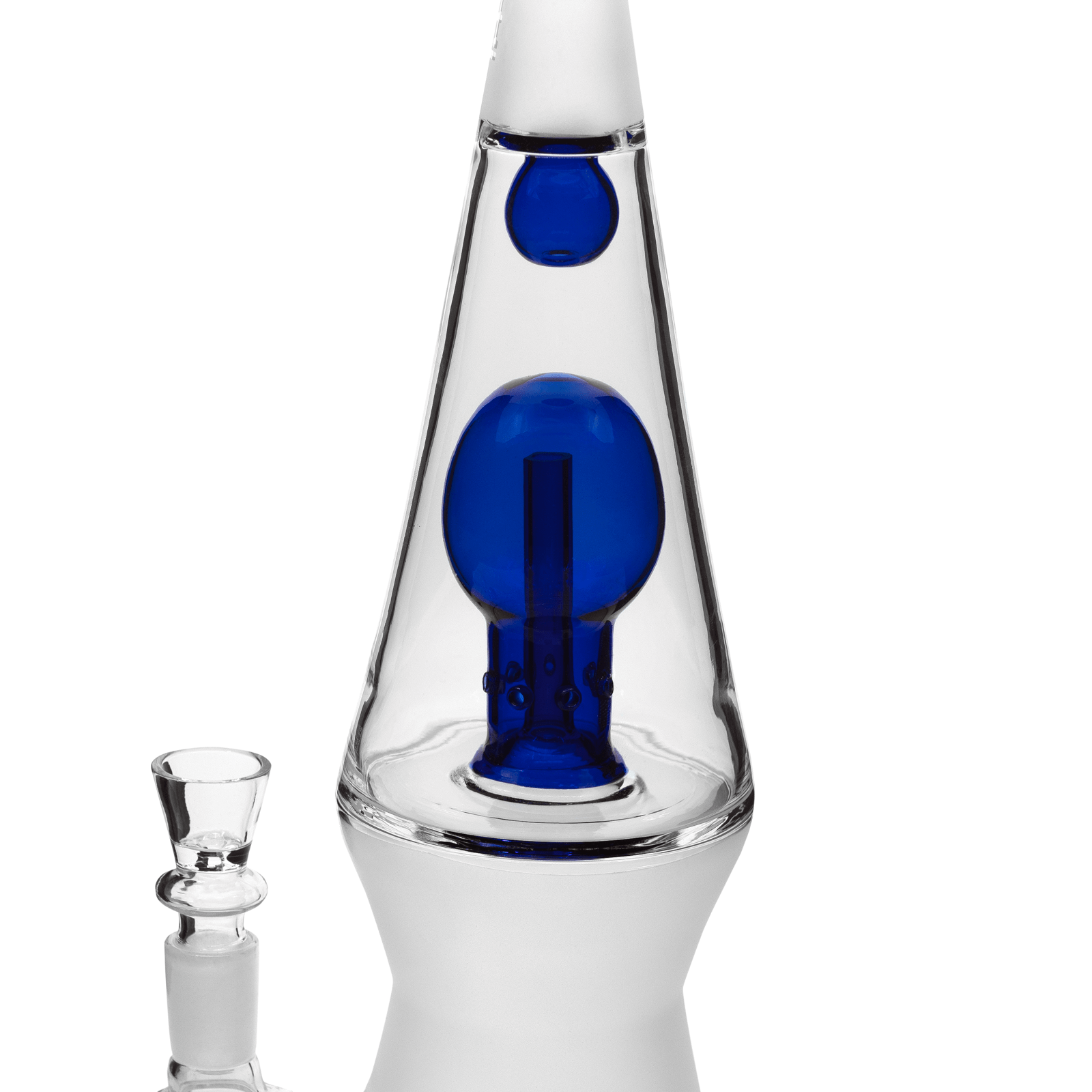 Close-up front view of the 70's XL Bong showing a conical clear glass body with a visible teal-blue internal percolator and frosted white accents.