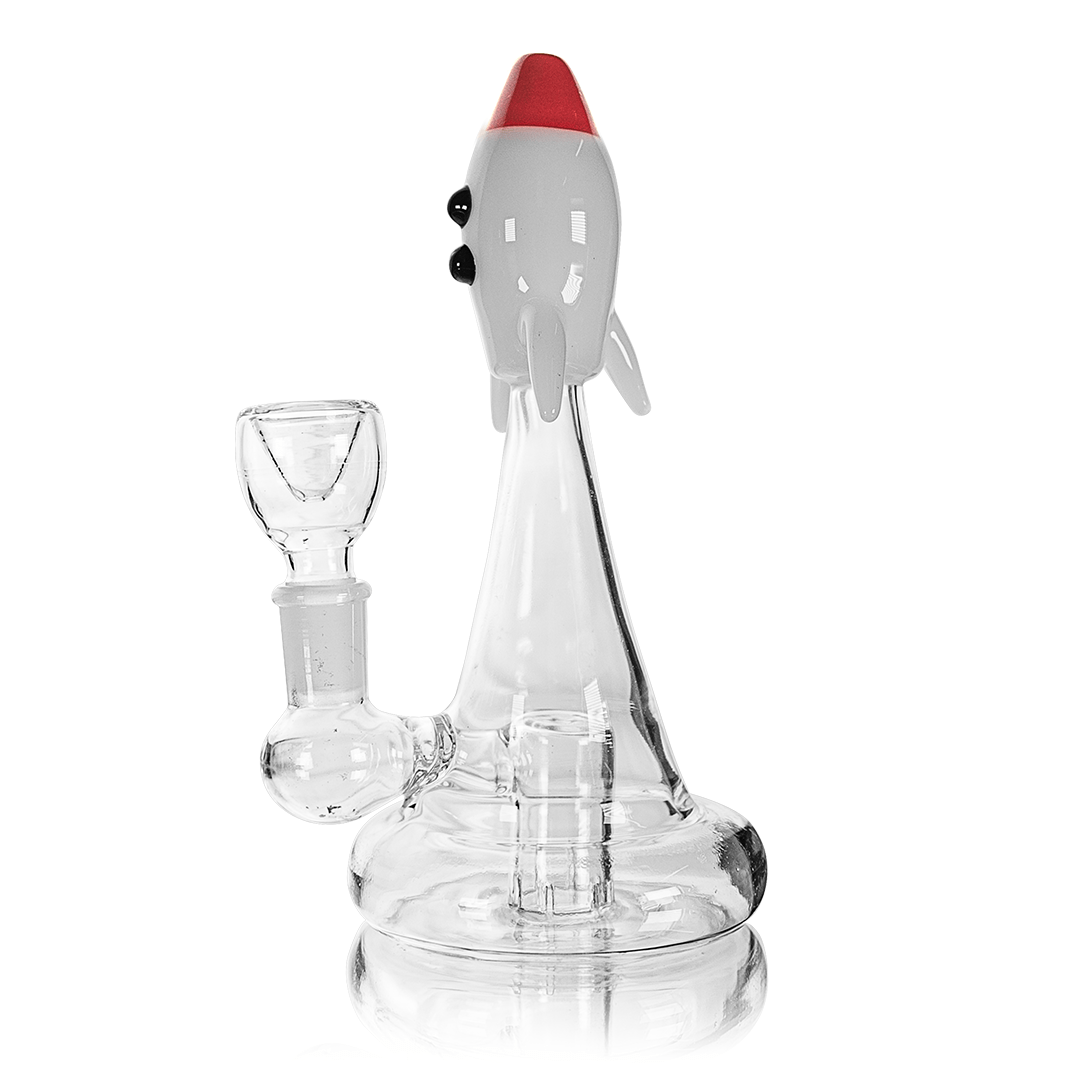 A front view of the Blastoff Rocket Bong, showing its clear glass rocket-shaped design with a wide base and rounded mouthpiece.