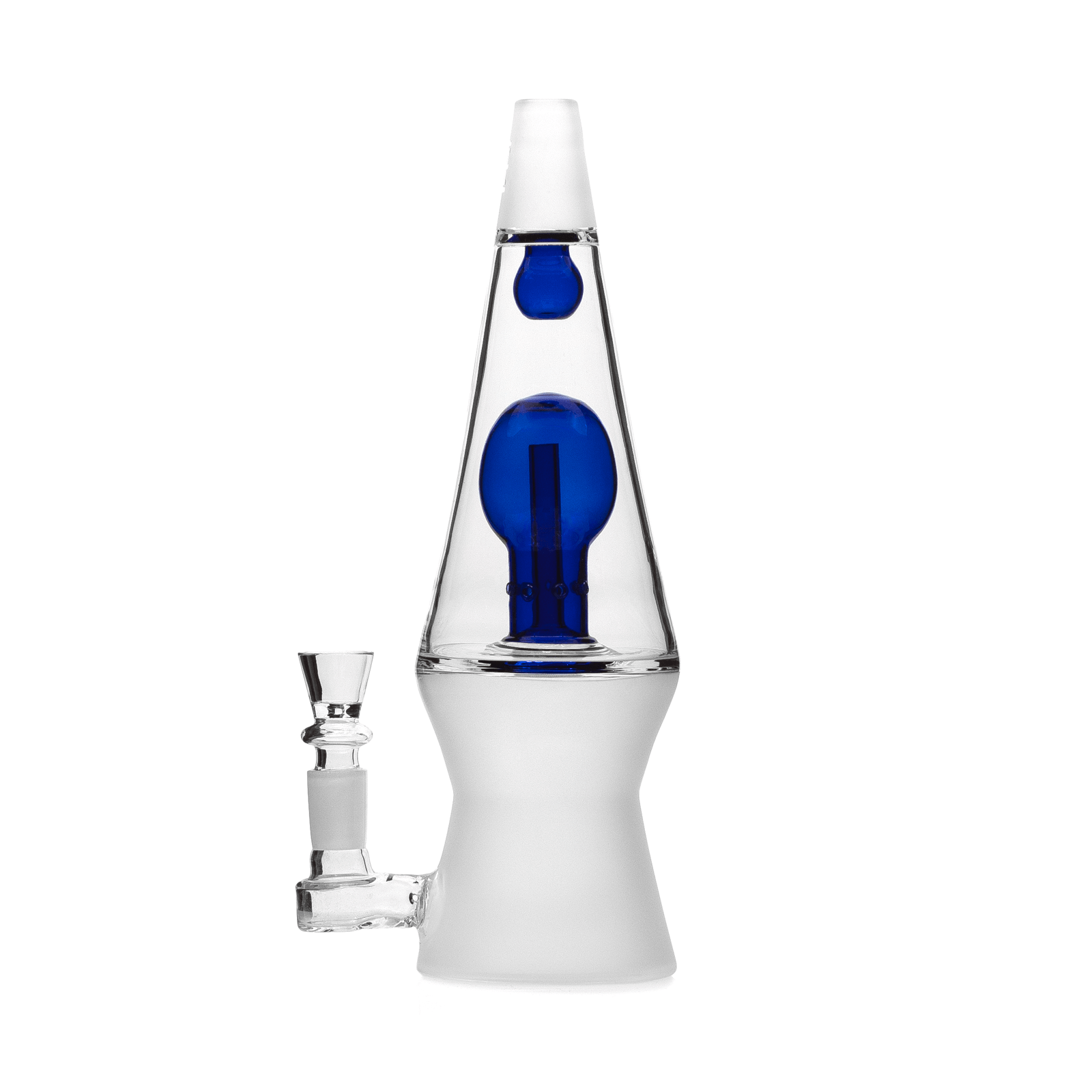 Centered studio shot of the 70's XL Bong showing its tapered clear glass body with a visible blue inner chamber and frosted mouthpiece.