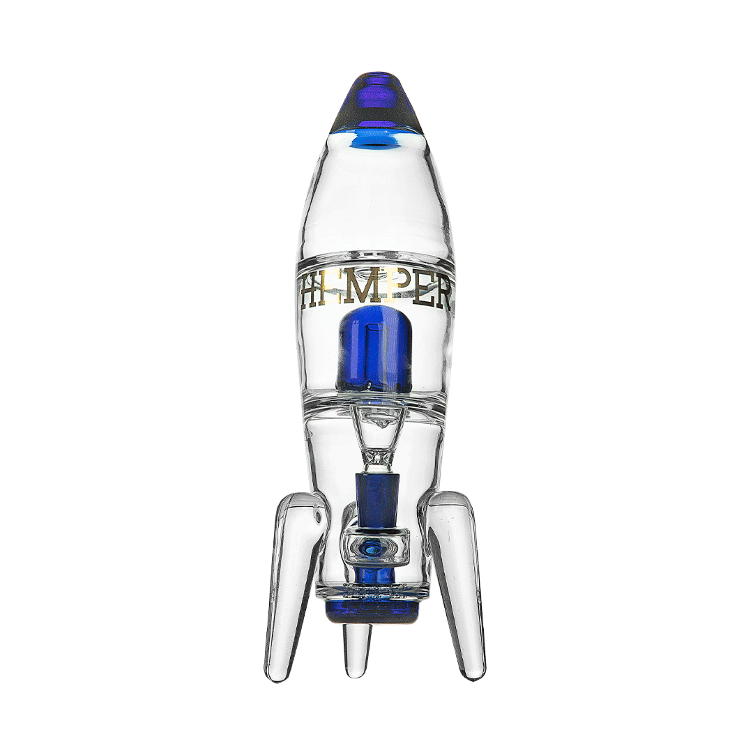 Centered front view of the Rocket Ship XL Bong showing its clear glass rocket shape with blue accents and three landing legs.