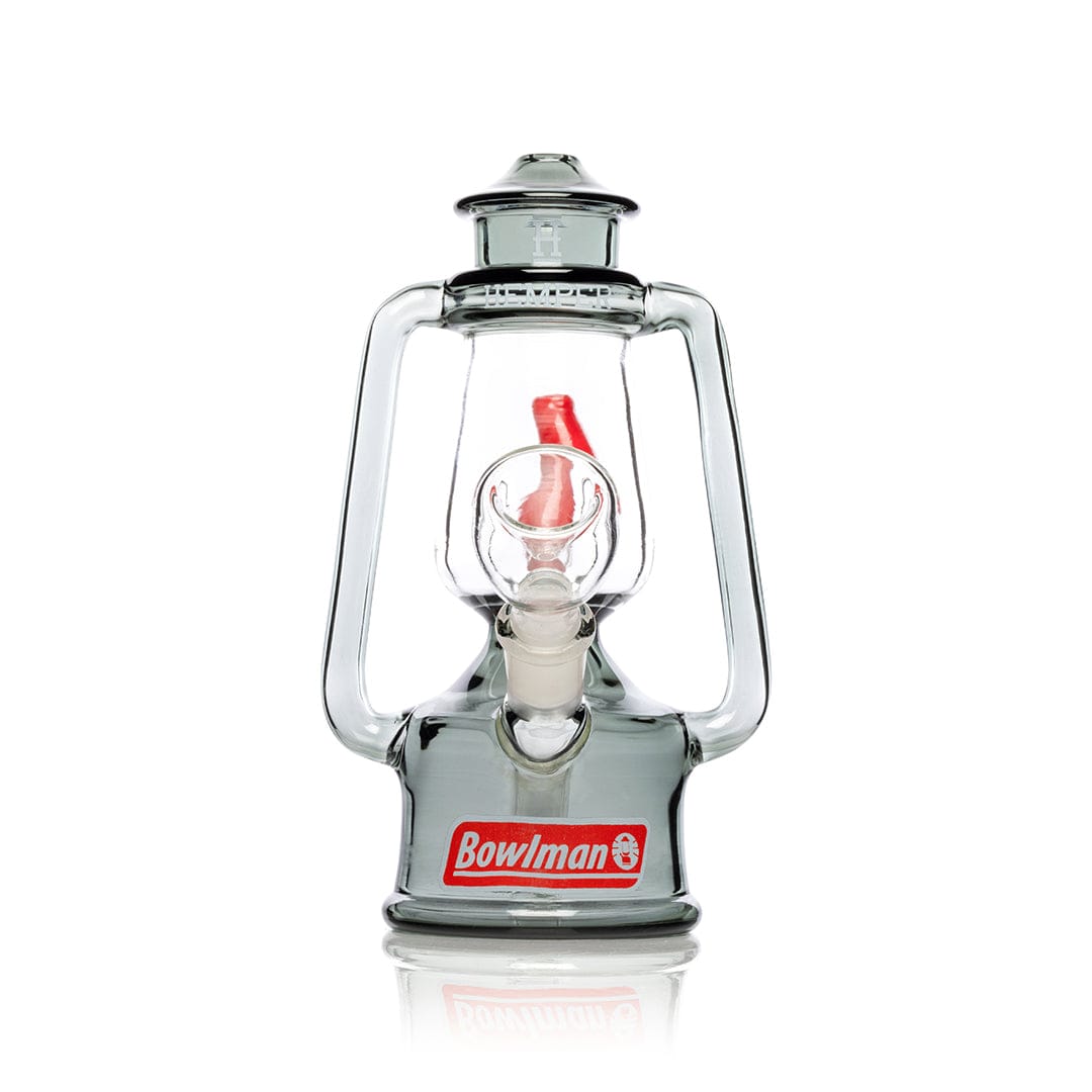 A studio shot of the 7-inch Bowlman Lantern Bong, showing its clear glass construction and unique lantern-inspired shape.