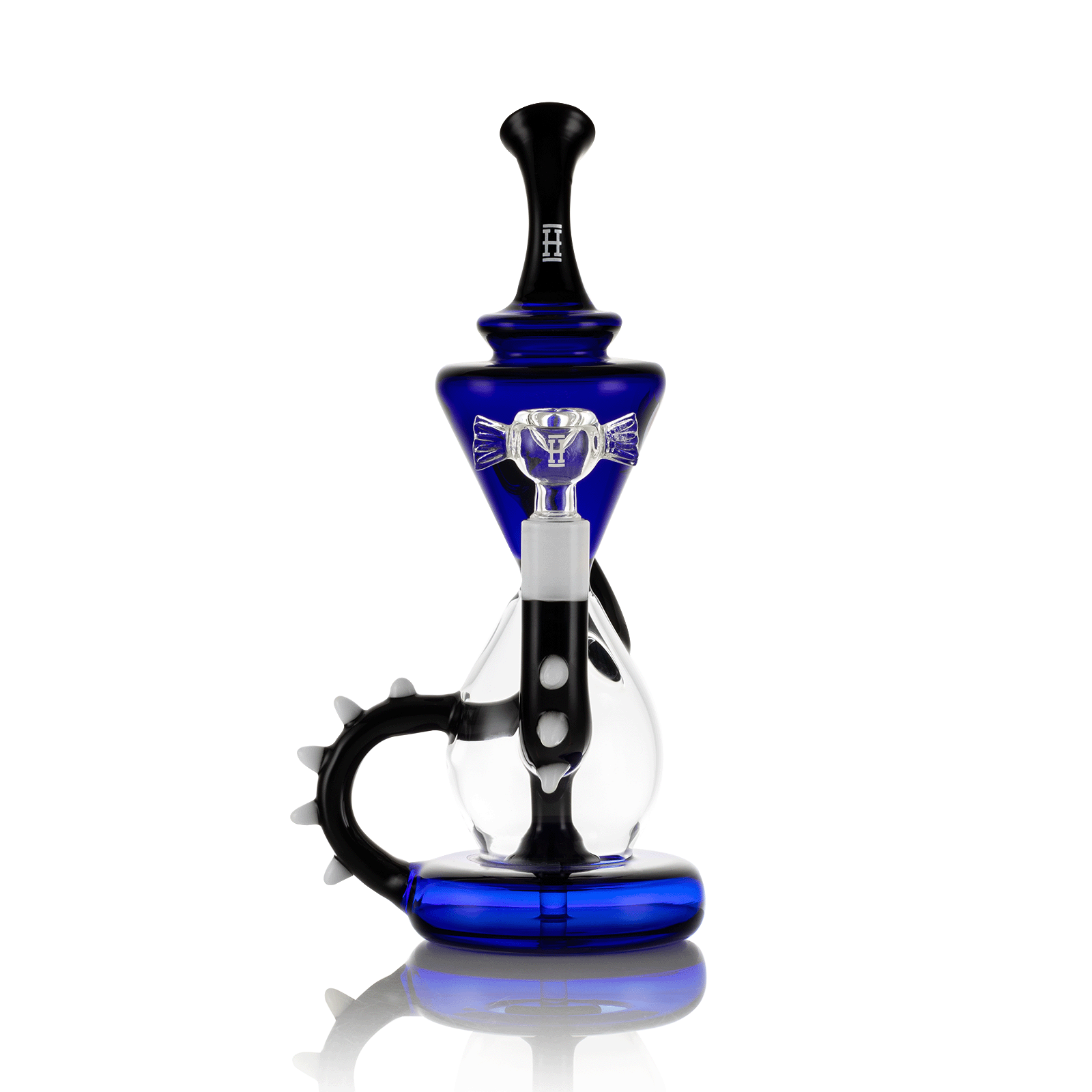 Front view of the Candy Monster XL Bong 9" showing a blue glass mouthpiece and base with a clear bulbous chamber and black spiked handle against a white background