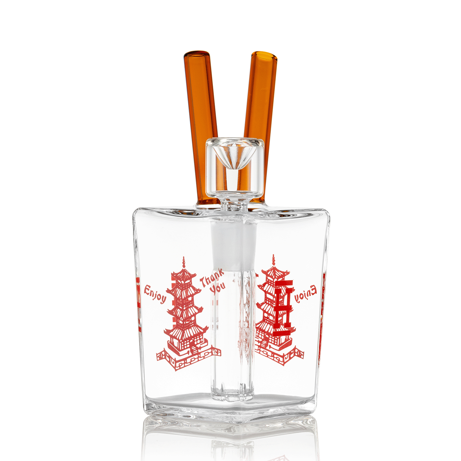 Front view of the Chinese Takeout Bong 6”, a clear glass water pipe designed to resemble a takeout container.
