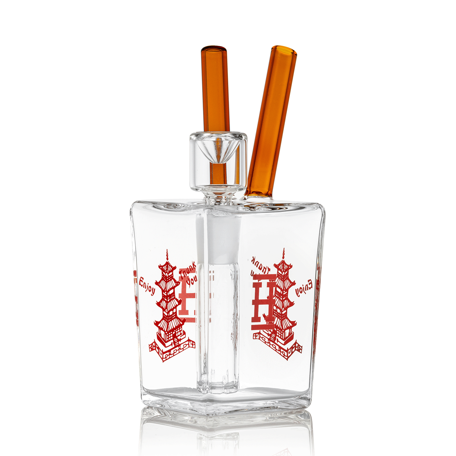 Front view of the Chinese Takeout Bong 6”, a clear glass piece with a box-shaped base and ornate detailing.