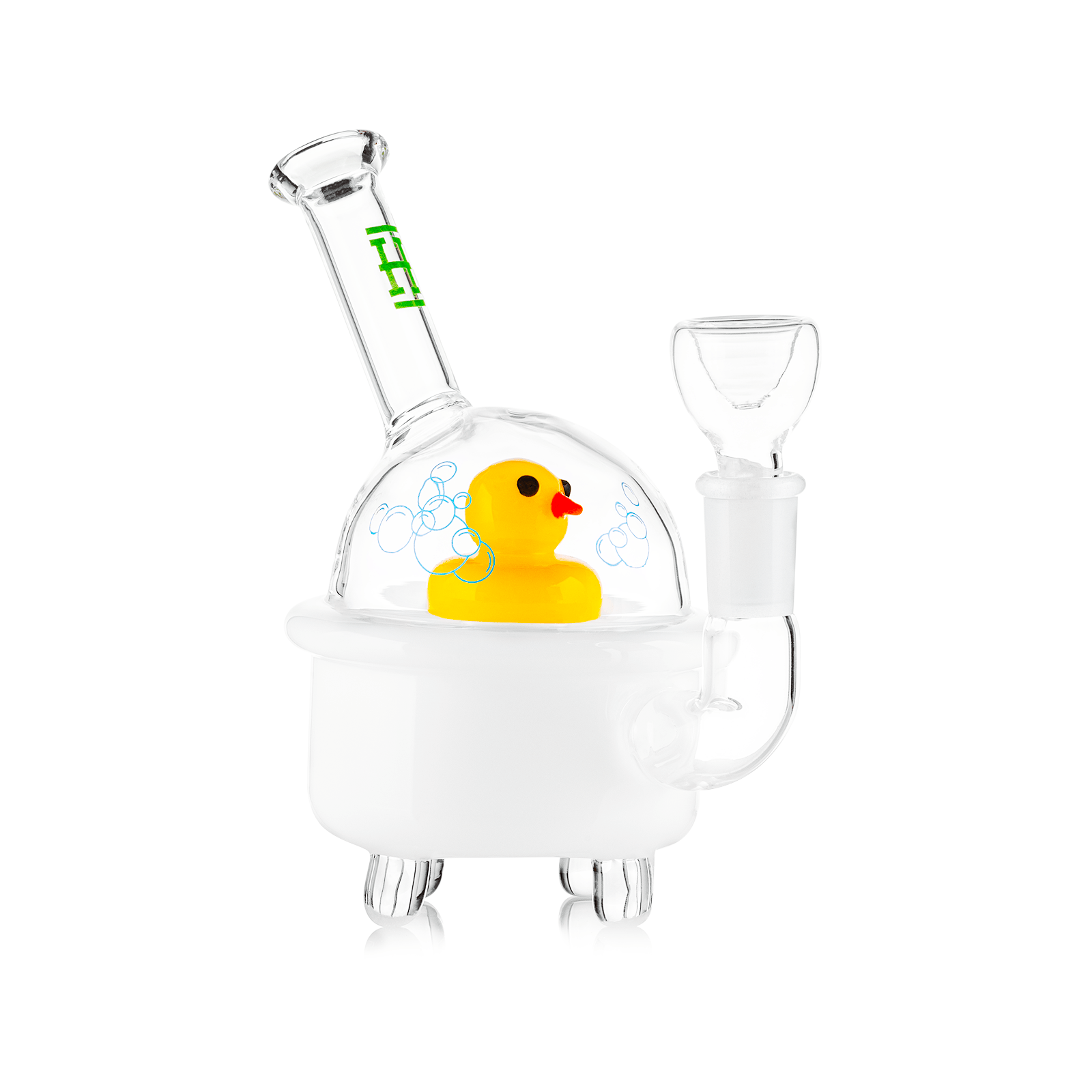 Front view of the Ducky Bong 6”, a clear glass water pipe shaped like a duck.