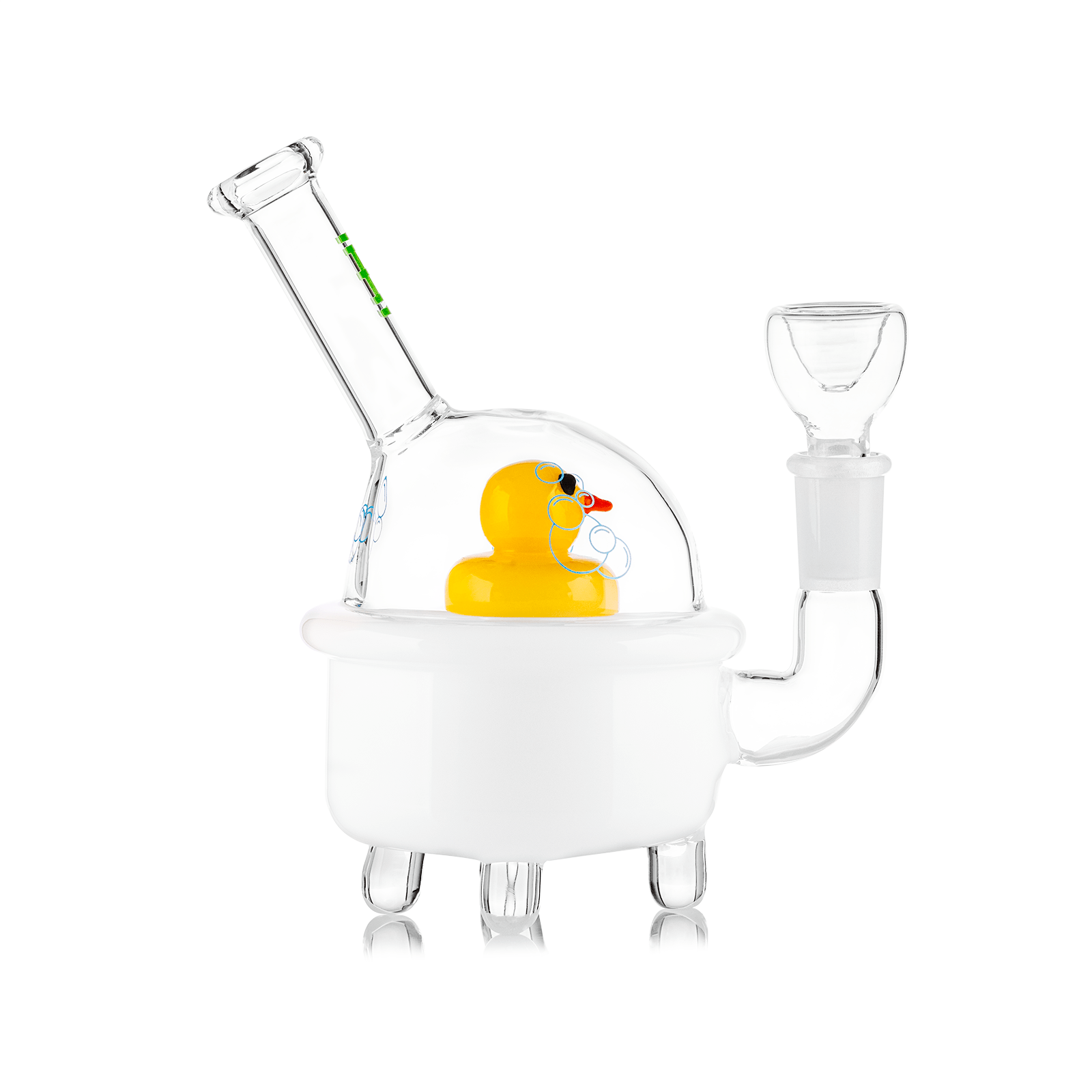 A front view of the Ducky Bong 6”, featuring a whimsical duck shape crafted from clear glass.