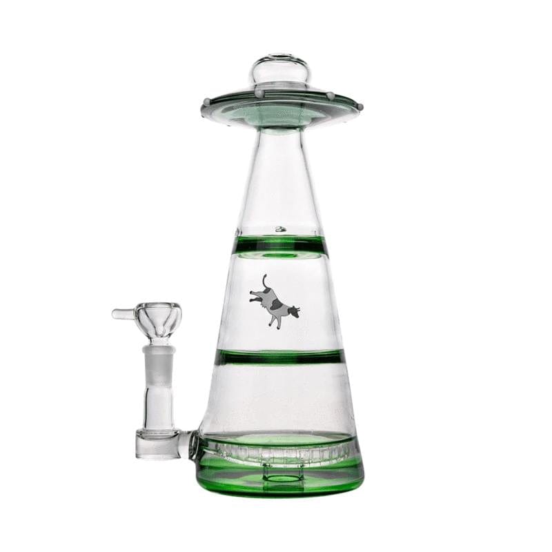 Front view of the teal Mothership XL Bong, cone-shaped glass with green accents, UFO-like top and a small playful cat decal.