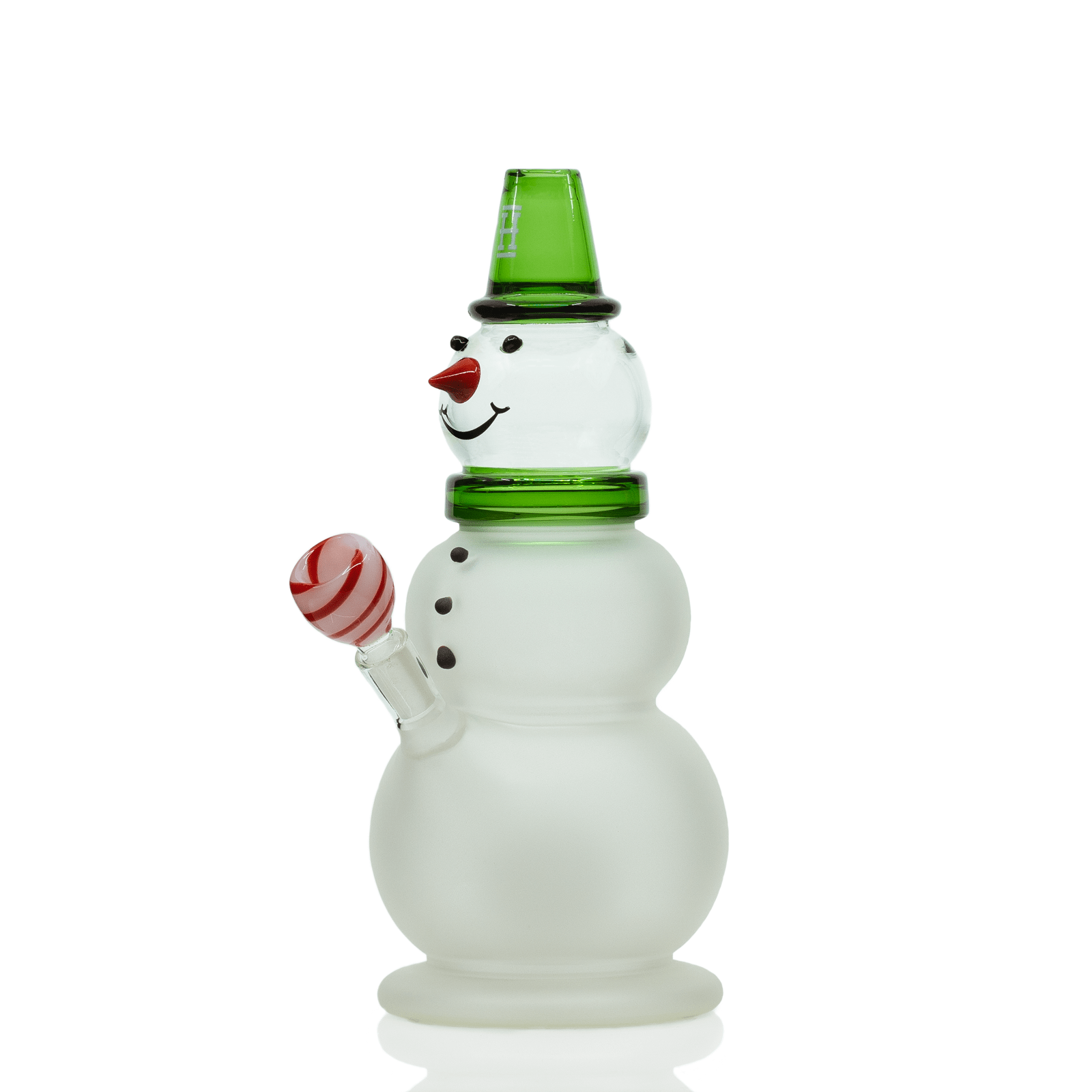 Front view of the Snowman XL Bong, a tall glass piece resembling a snowman with a green hat and red mouth.