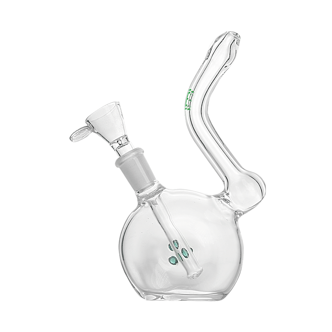 A three-quarter view of the Hemper Flavor Saver Rig, showcasing its clear glass construction and simple, curved design.
