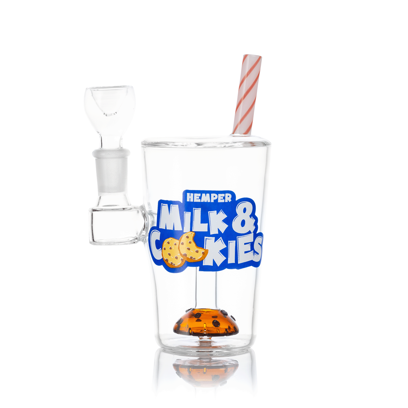A studio shot of the Milk and Cookies 6" bong, showcasing its clear glass construction and simple, upright design.