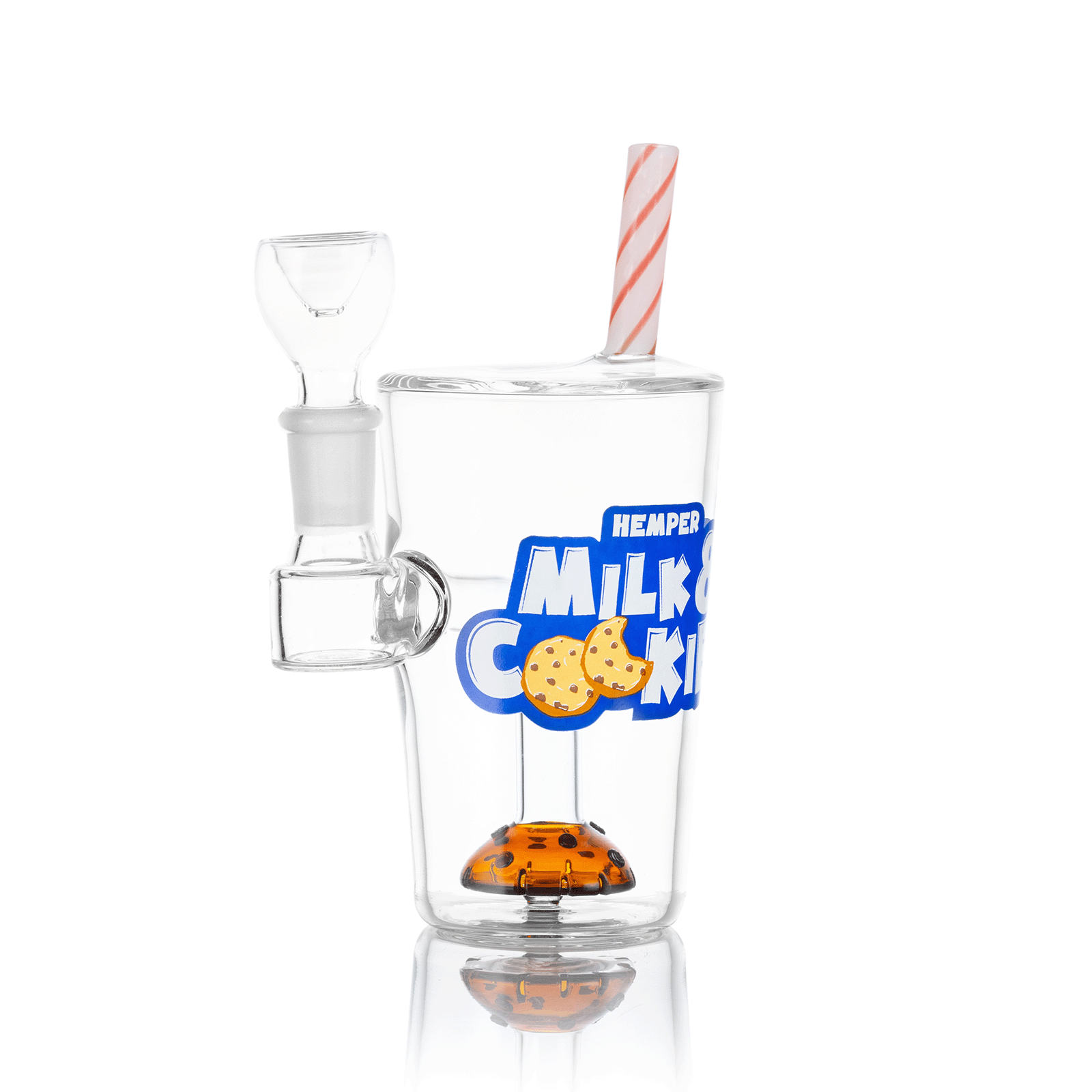A studio shot of the 6-inch Milk and Cookies bong, with a clear glass build and unique patterned design.