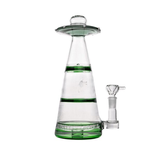Front view of the green Mothership XL Bong, a conical glass piece with three green rings, flared top and right-side downstem on a white background