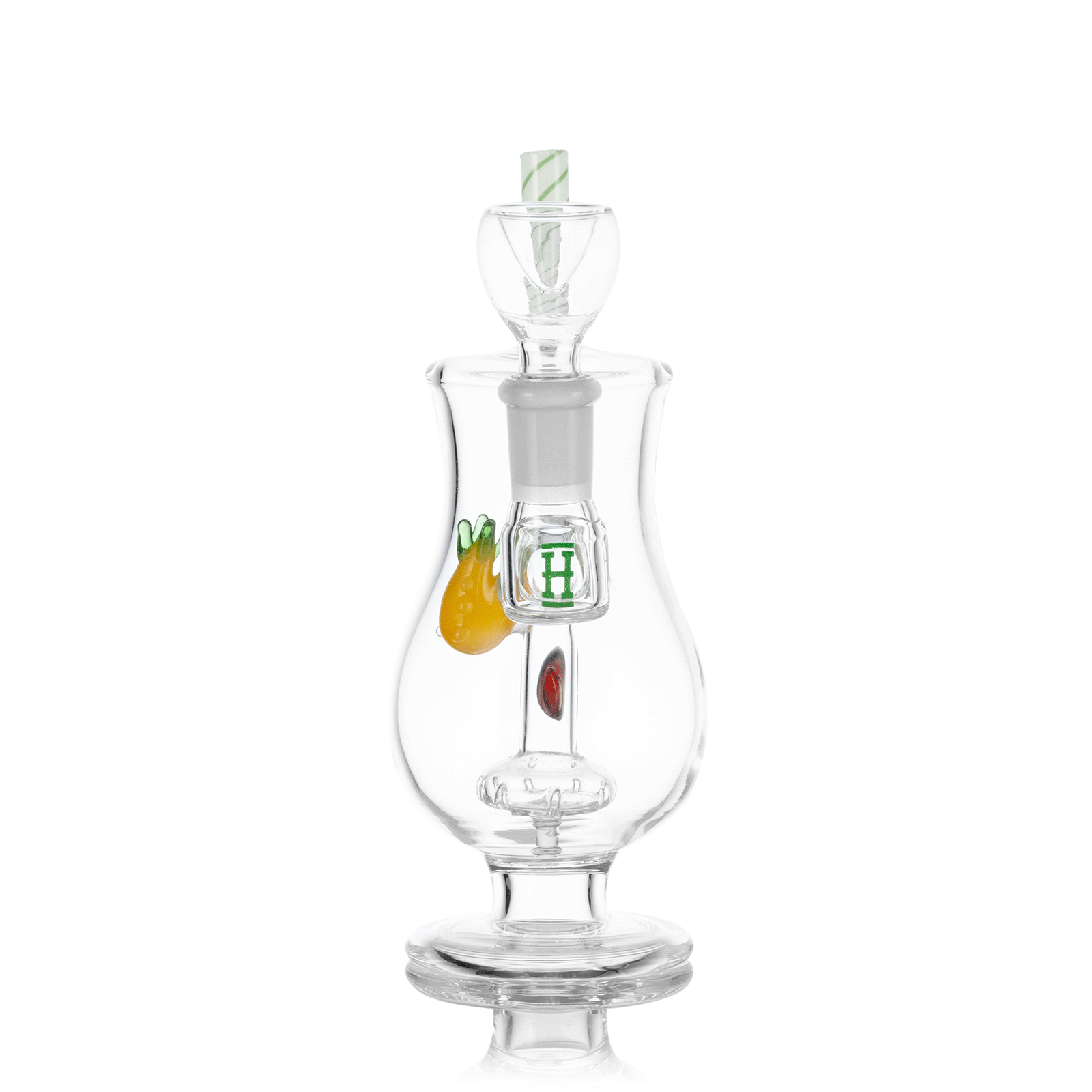 A studio shot of the 6-inch Pina Colada Bong, displaying its clear glass construction and unique, curved silhouette.
