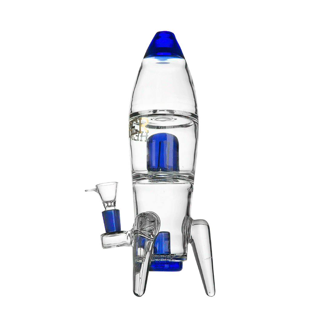 Front-facing view of the Rocket Ship XL Bong showing a clear glass rocket shape with blue accents at the tip, chamber, and base standing on three glass legs.