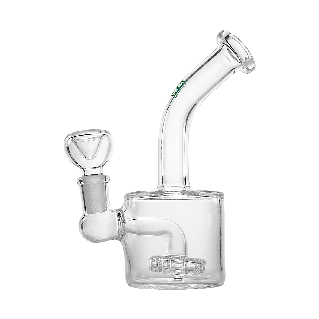 Front view of the Showerhead Puck Rig, a clear glass rig with a wide, circular showerhead perc diffuser.