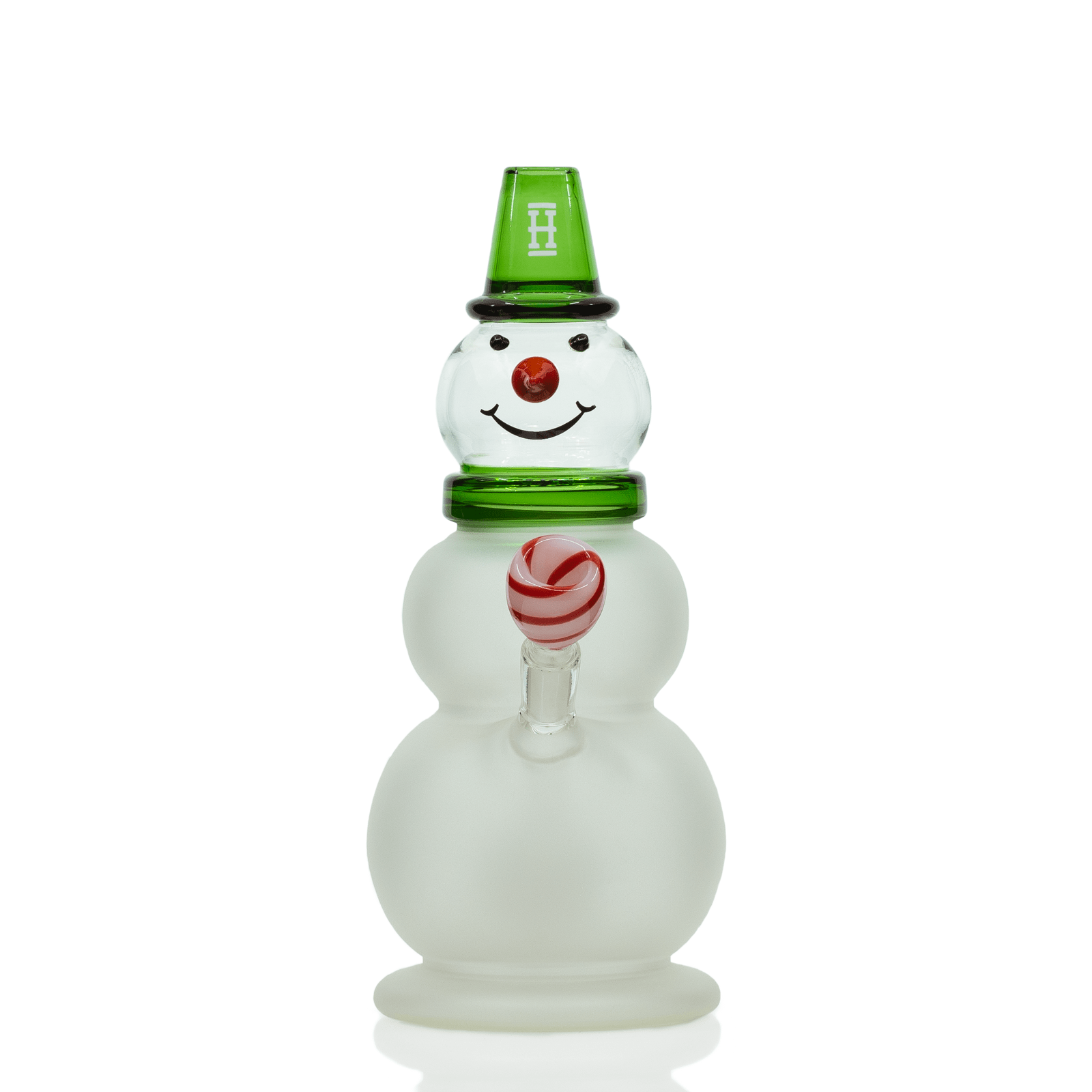 A front view of the Snowman XL Bong, featuring a whimsical, snowman-shaped glass piece with a green top.