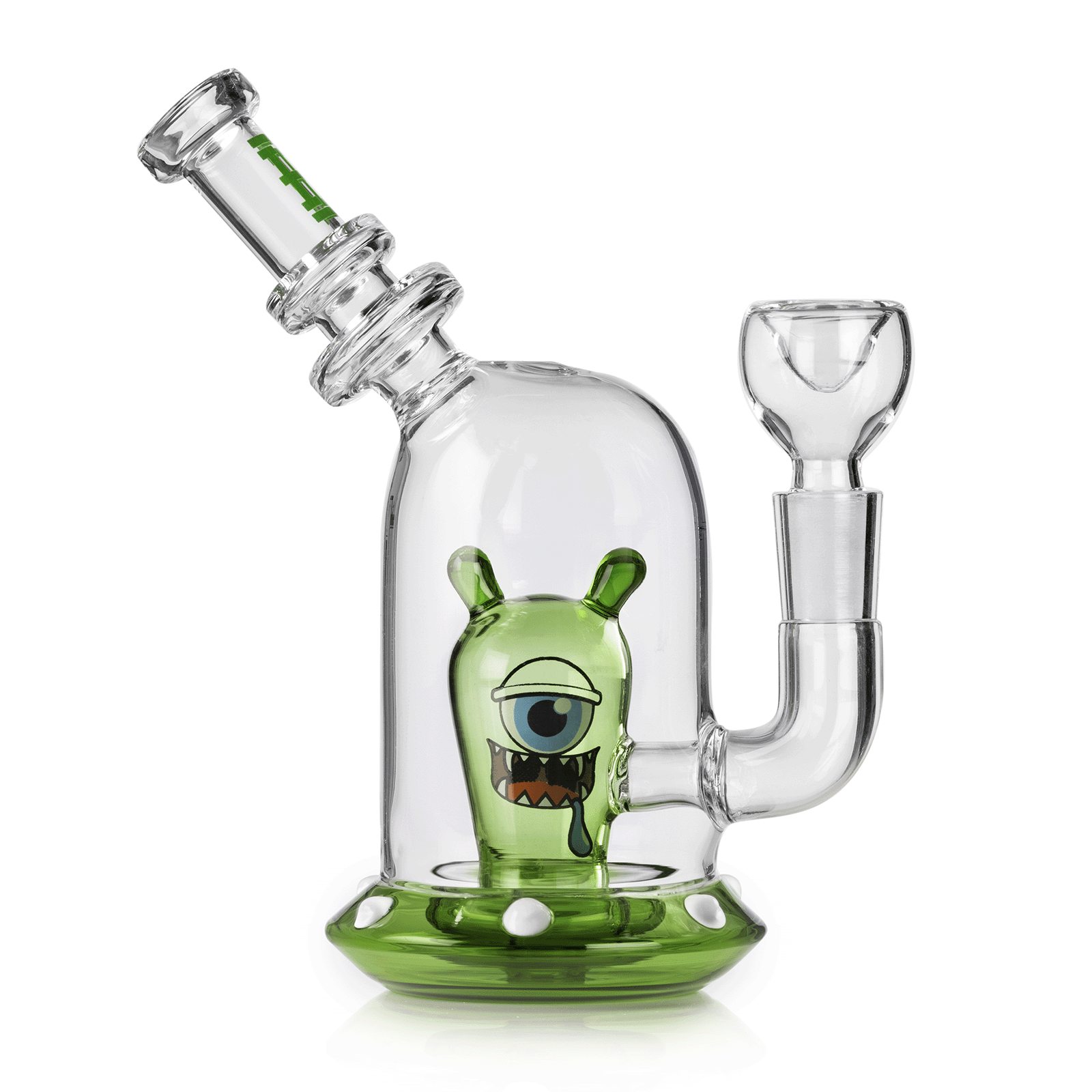 Angled close-up of the Space Monster Bong 7" showing a clear glass body with a green alien percolator and matching green base.