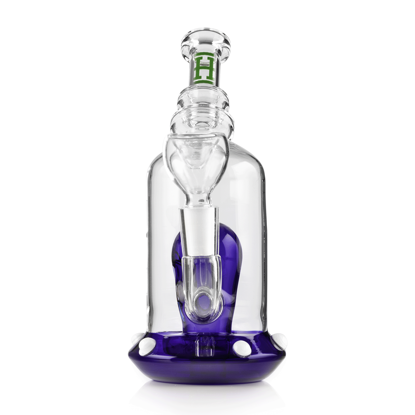 Front-facing close-up of the Space Monster Bong 7" showing a clear glass neck, interior purple swirl and dotted purple base.