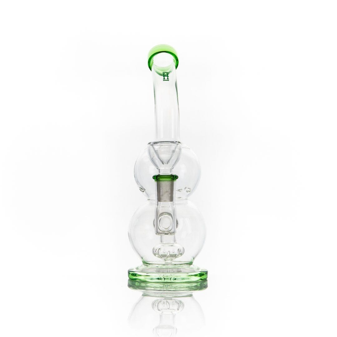 Front view of the Tornado Vortex Rig, a clear glass piece with a rounded base and angled neck.