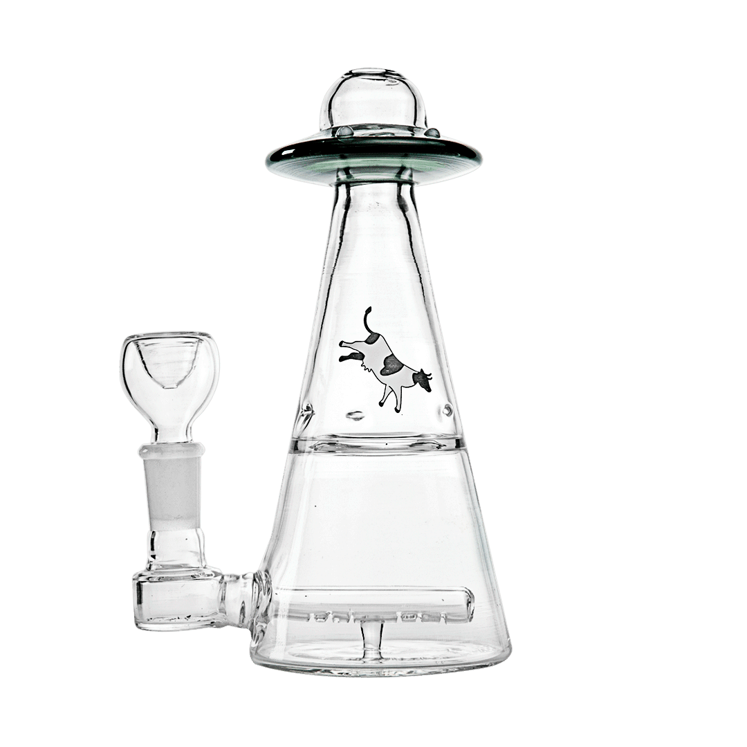 A three-quarter view of the UFO Vortex Rig, showcasing its clear glass construction and unique vortex design.
