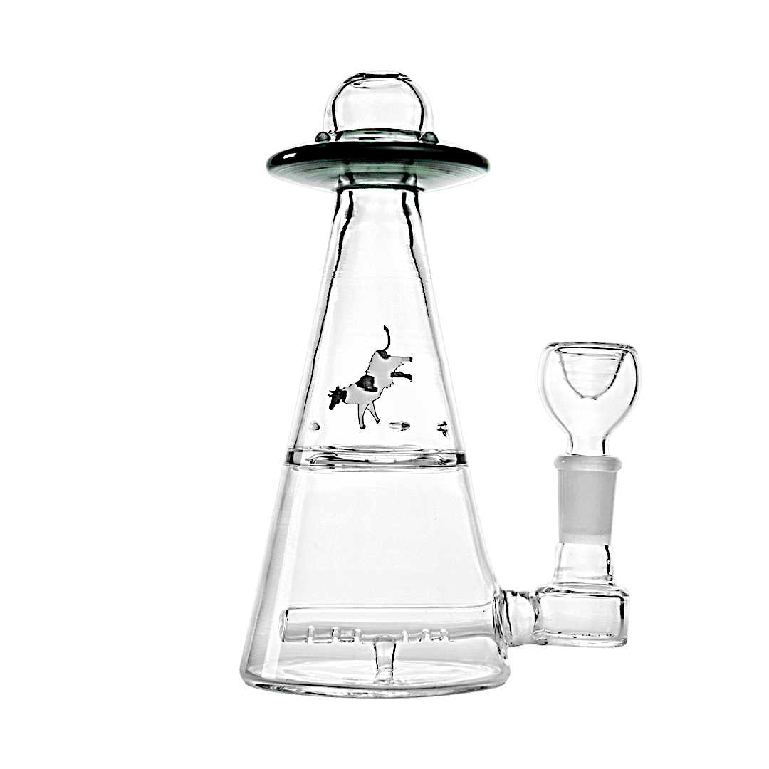 Front view of the UFO Vortex Rig, a clear glass rig with a unique, vortex-shaped design and angled mouthpiece.
