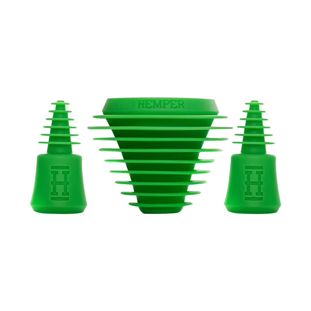 A close-up shows the HEMPER Tech Cleaning Plugs+Caps arranged on a plain white background.