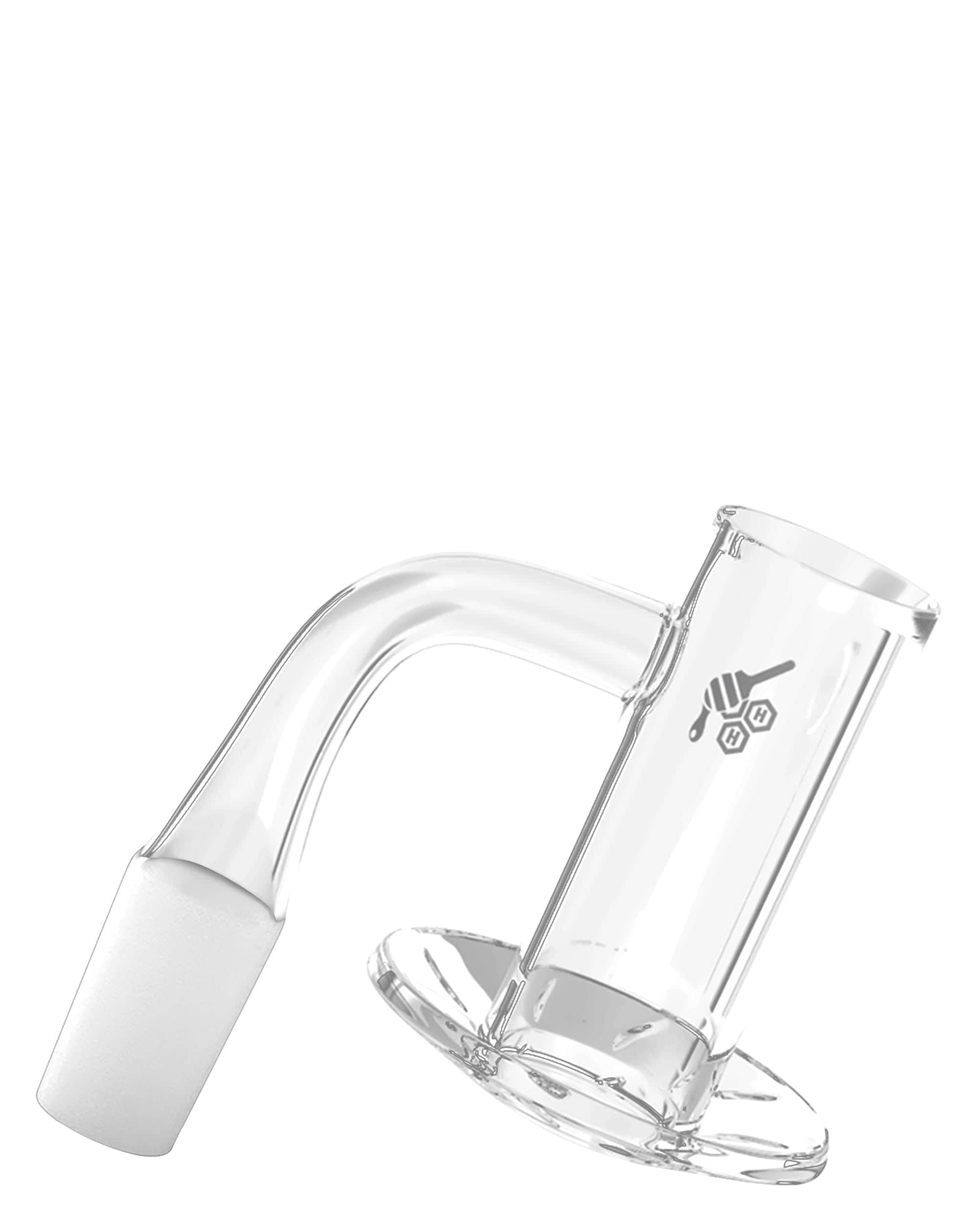 Angled close-up of the clear Honeybee Herb Beehive Quartz Banger - 90° Degree | Yl showing the bent joint and honeybee logo.