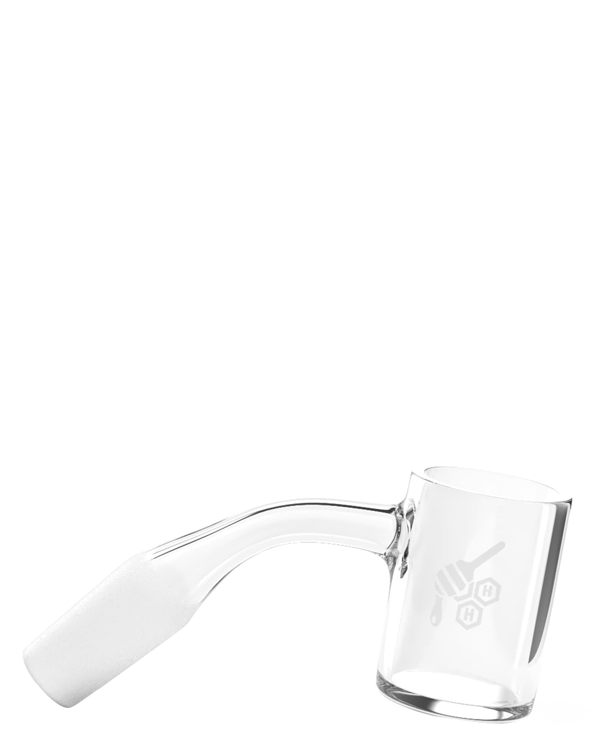 Close-up angled view of the Honeybee Herb Flat Top Original Quartz Banger - 45Â° Degree | Yl showing its clear curved neck, flat top bucket and faint honeybee logo.