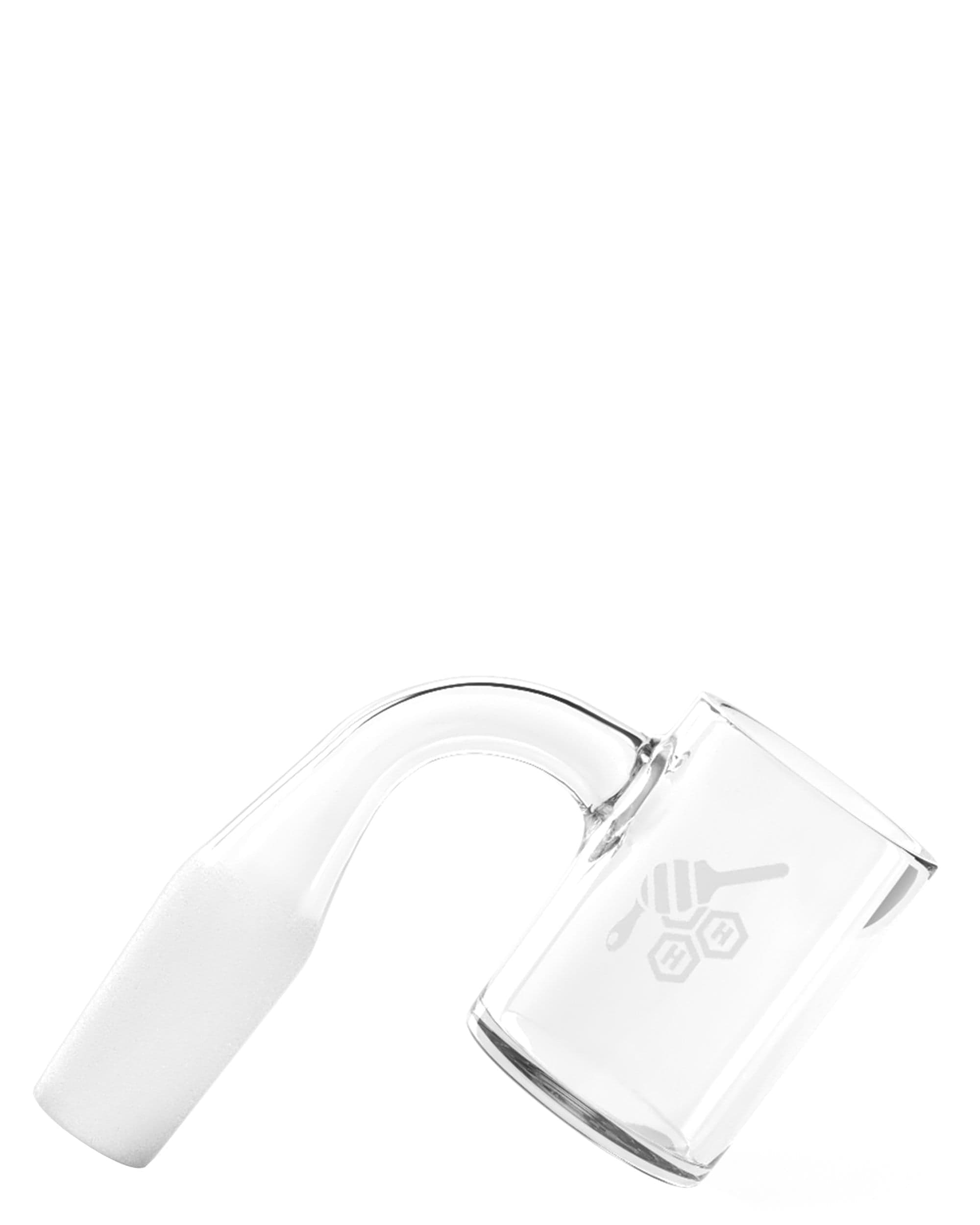 Close-up angled view of the Honeybee Herb Flat Top Original Quartz Banger - 90Â° Degree | Yl showing the clear glass joint and curved 90° neck against a white background