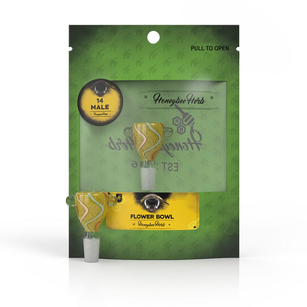 Front-facing packshot of the Honeybee Herb Glass Flower Bowl showing a red-and-white swirled glass bowl centered in green branded packaging.