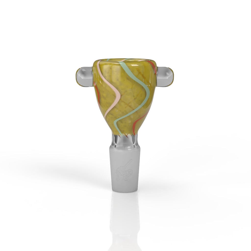 Centered front view of the Honeybee Herb Glass Flower Bowl, a yellow rounded glass bowl with pastel wavy stripes and clear side knobs on a white background