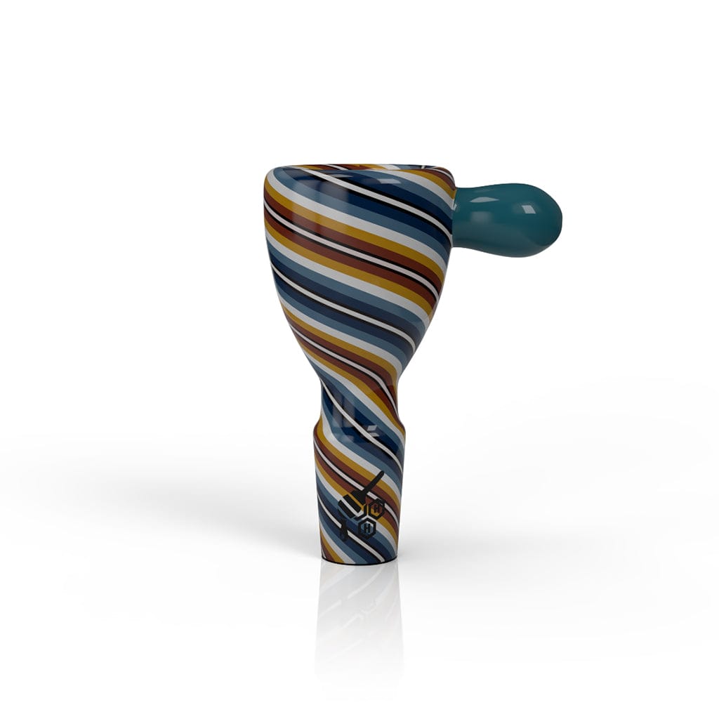A close-up, angled view of the WIG WAG STRIPPED BONG BOWL PIECE, featuring colorful stripes on a smooth, glossy surface.