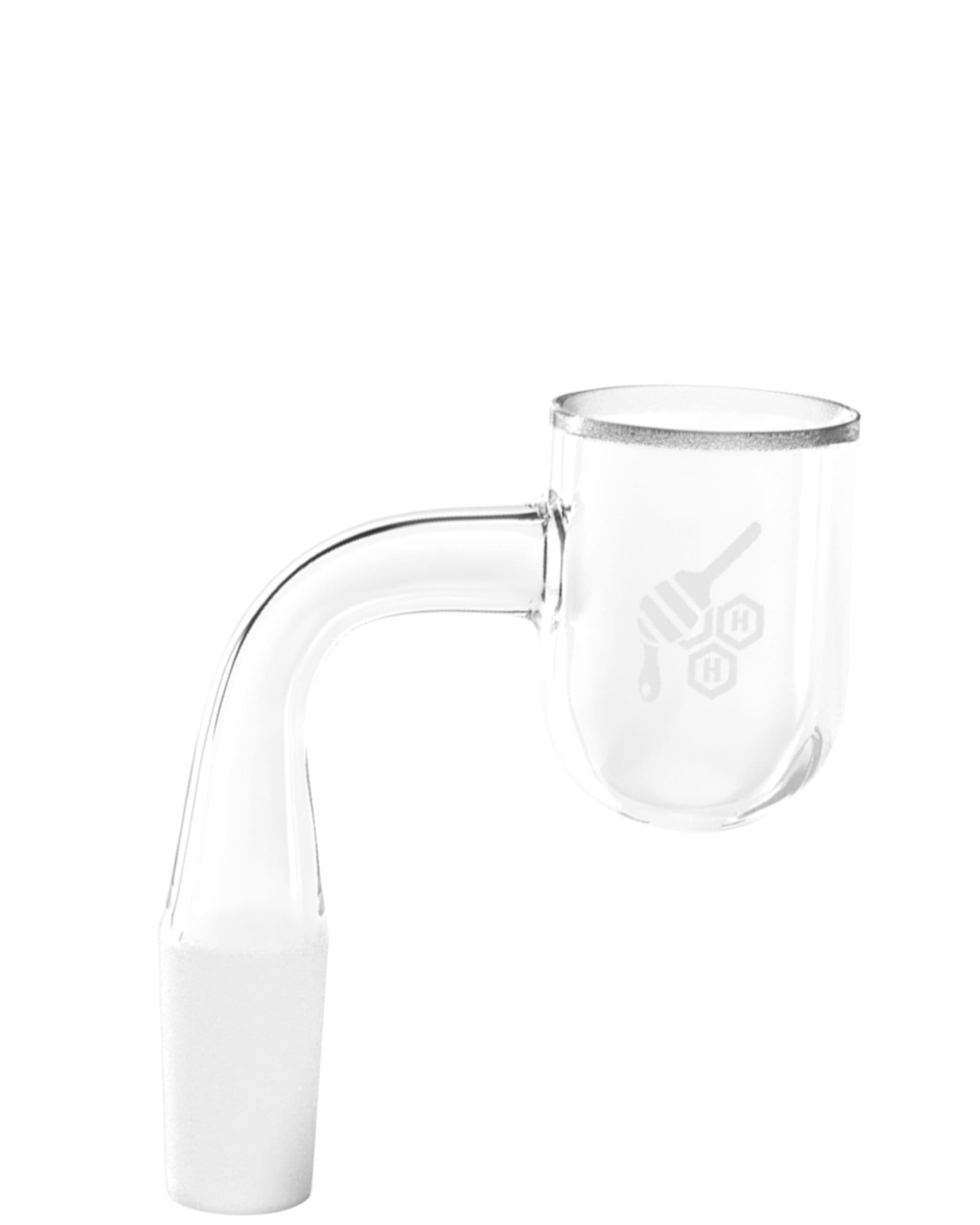 Close-up side view of the Honey Bevel Bowl Quartz Banger - 90° | Yellow Line showing the clear glass joint and curved 90° bucket against a white background.