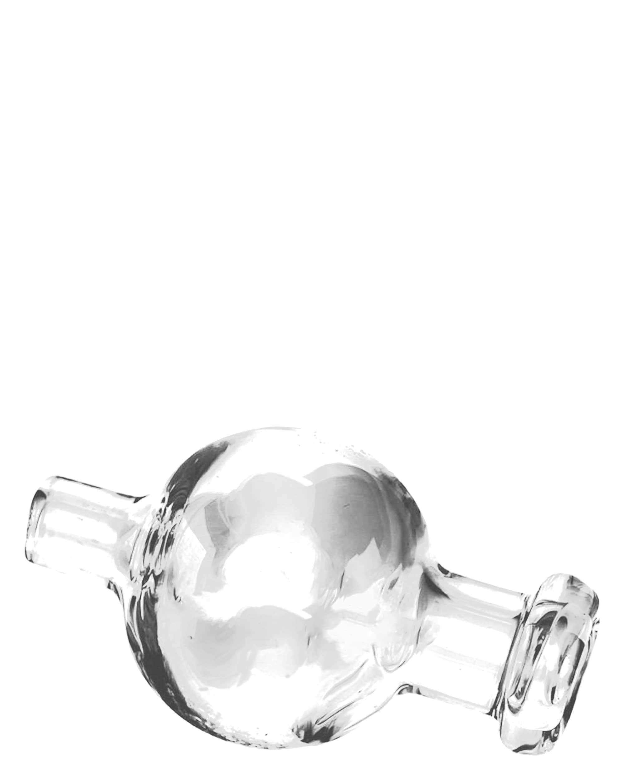 Angled close-up of a clear glass Honeybee Herb Honey Bubble Carb Cap showing its rounded bubble chamber and two short tubular stems.