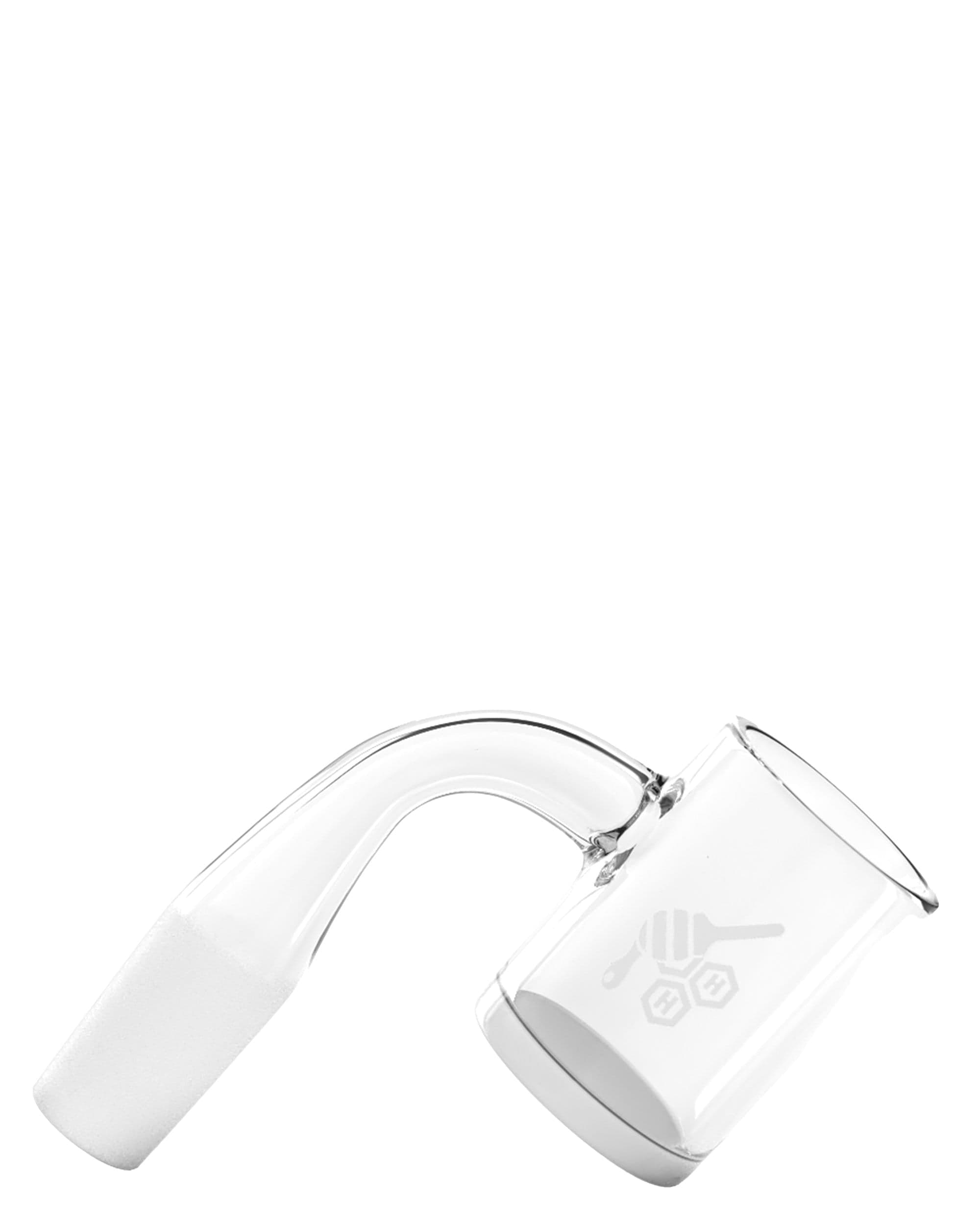 Close-up angled view of the Honey & Milk Quartz Banger - 90Â° Degree | Yl showing its clear curved neck, frosted bucket tip, and subtle logo on a white background