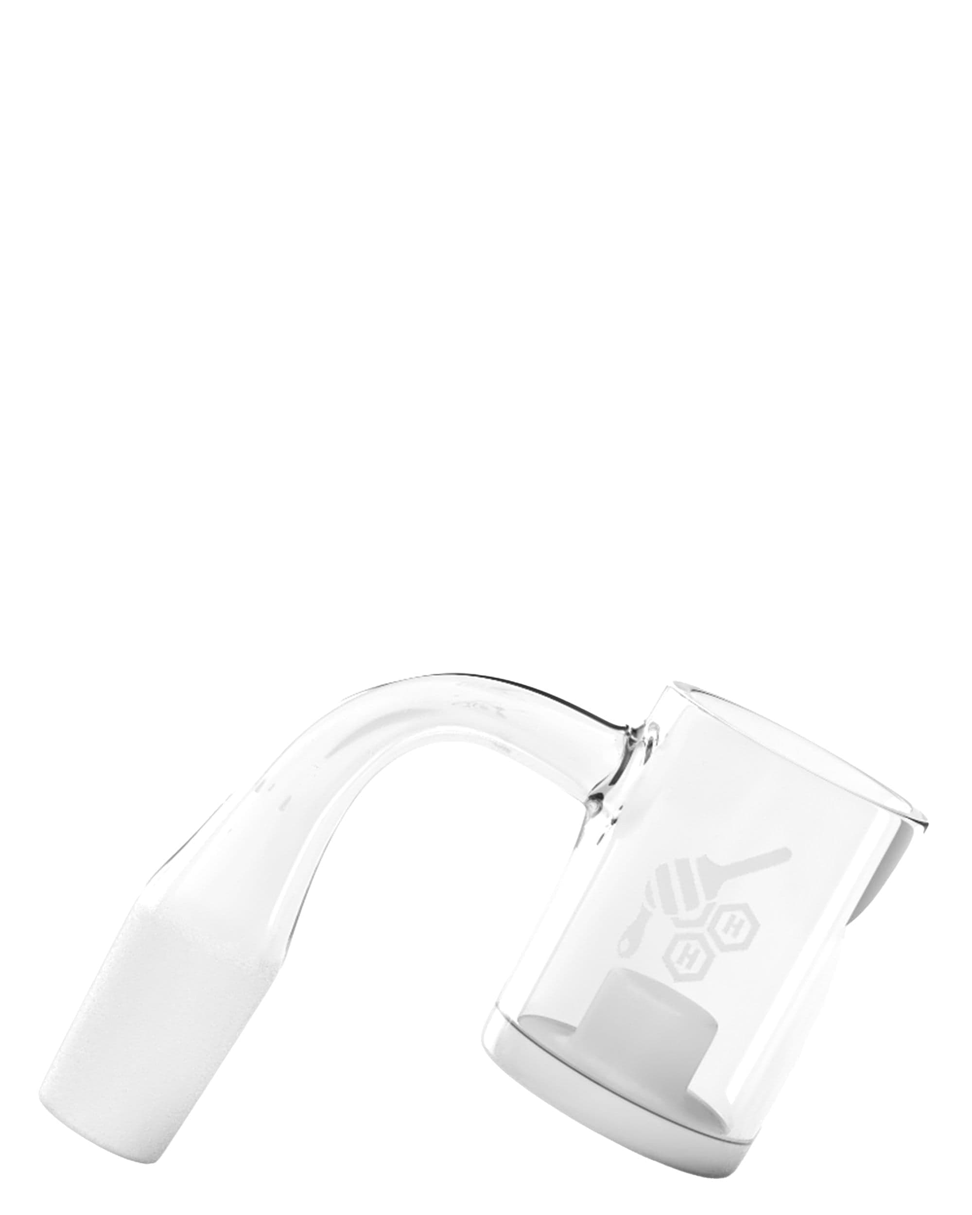 Angled close-up of the Honey & Milk Core Reactor Quartz Banger - 90° | Yellow Line showing a curved 90° joint and clear glass bucket against a white background.