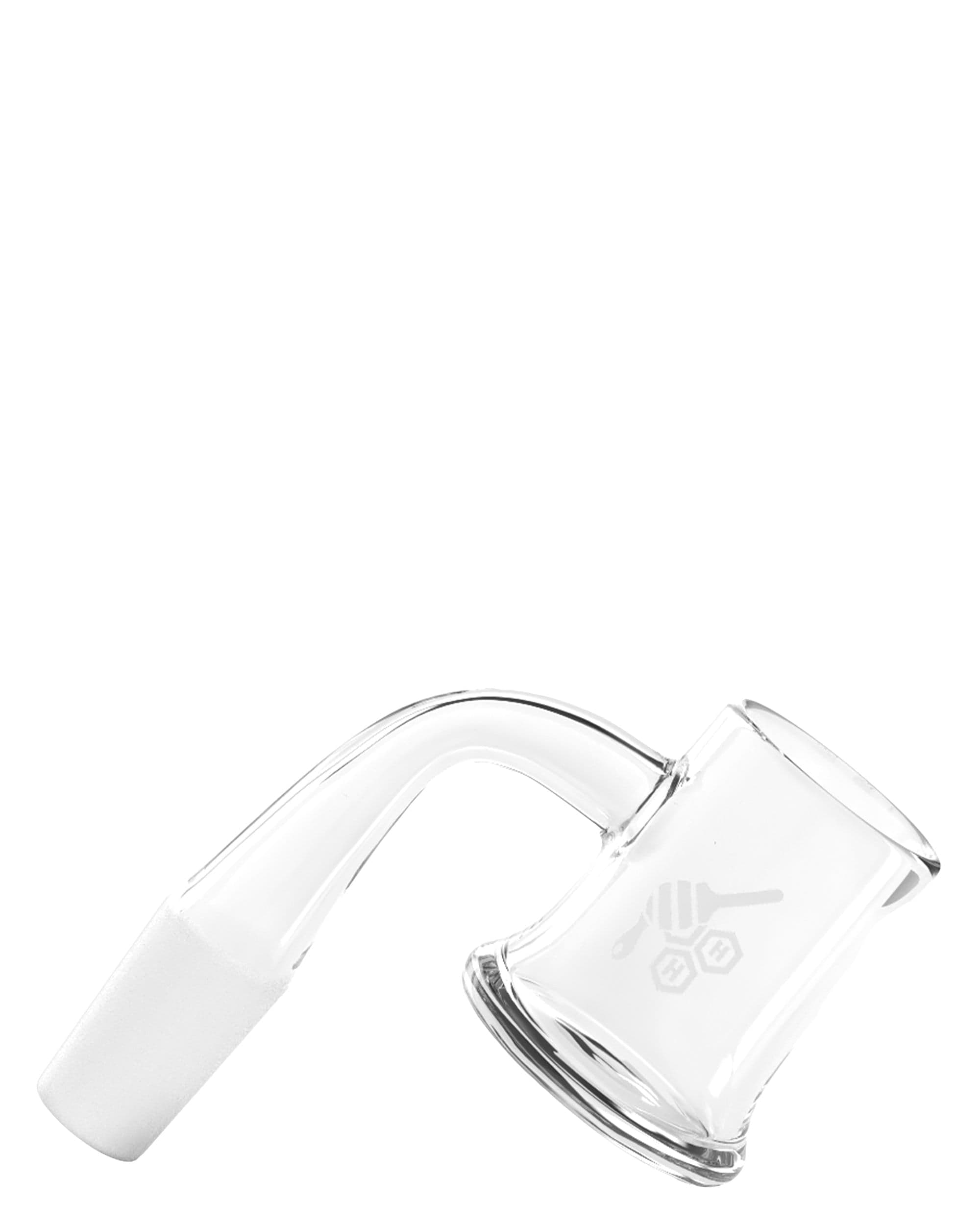 Close-up angled view of the Honey Mug Quartz Banger - 90° | Yellow Line showing its clear glass 90-degree joint and bucket over a white background