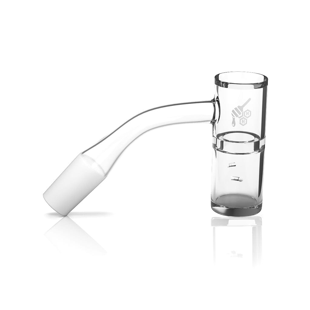 Angled side view of the clear HONEY WELL QUARTZ BANGER - 45Â° DEGREE | YL showing its bent neck, cylindrical bucket and soft reflection on a white background.
