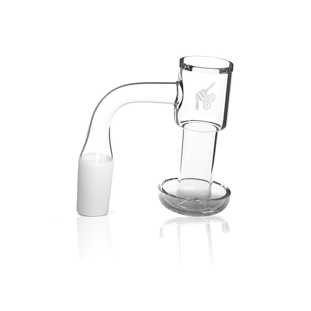 Front three-quarter view of the Honeysuckle Bevel Quartz Banger - 90° | Yellow Line showing the clear 90-degree joint and bucket with subtle logo on a white reflective background