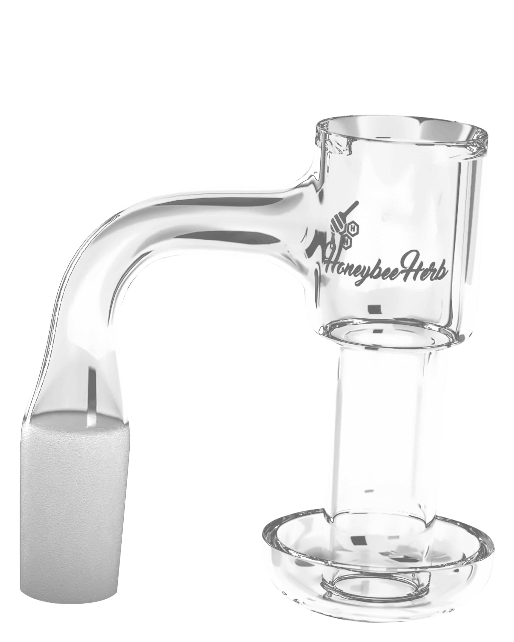 Close-up view of the Honeysuckle Bevel Quartz Banger - 90Â° Degree | Bl showing the clear glass 90-degree joint, curved neck and frosted handle against a white background
