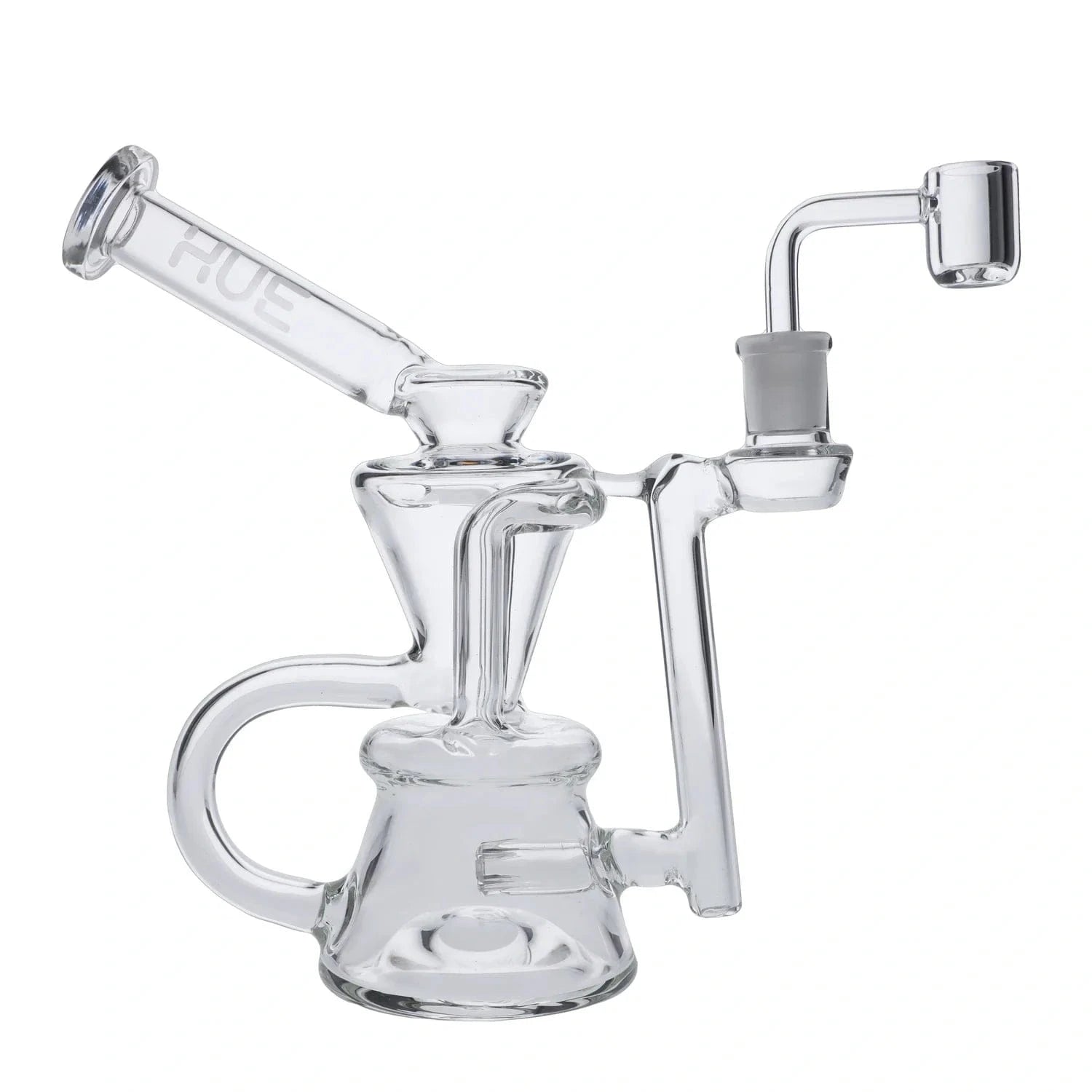 Angled close-up of the clear Hourglass Dab Rig Clear - 7.5" showing its stacked chambers, bent mouthpiece, and side banger against a white background