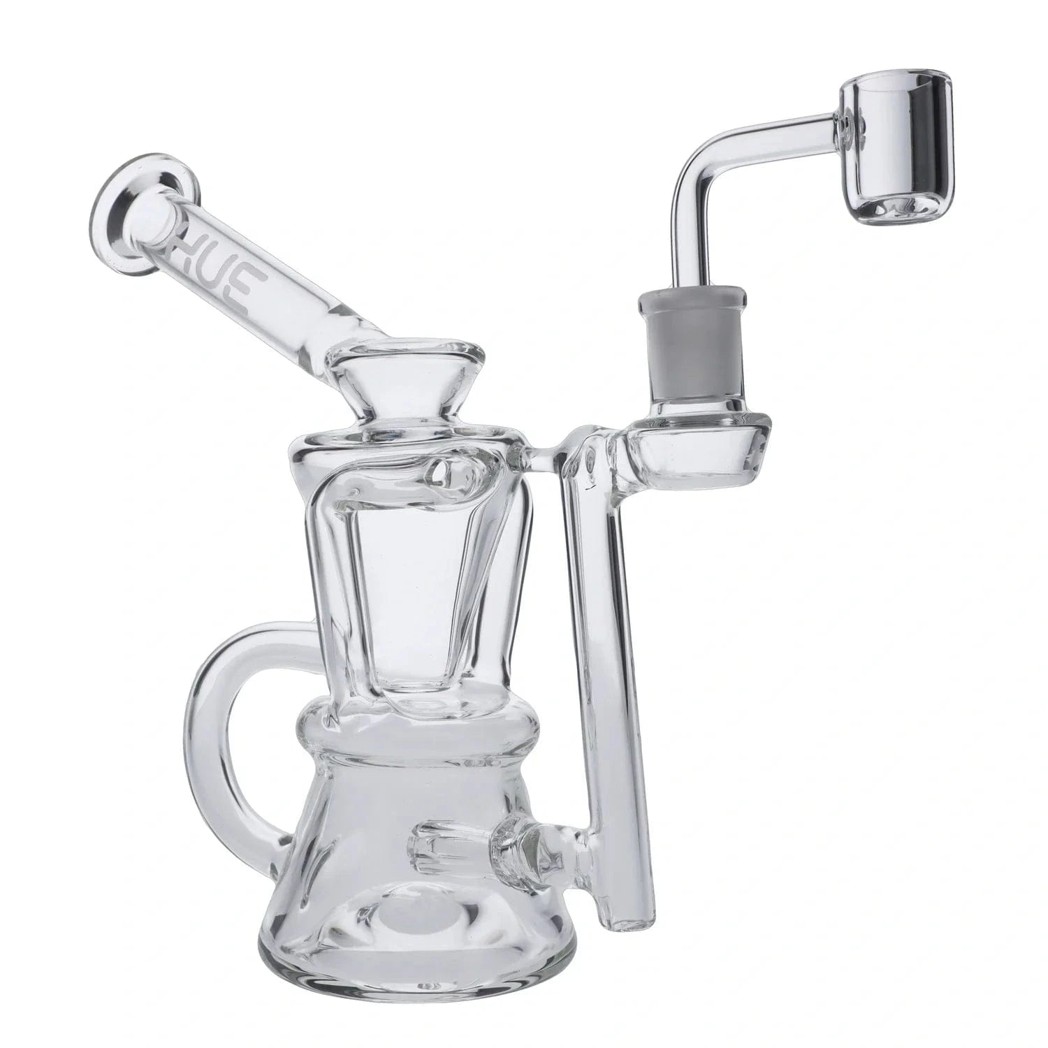 Side view of the Hourglass Dab Rig Clear - 7.5" showing its clear glass body, angled mouthpiece, and prominent bucket-style banger.