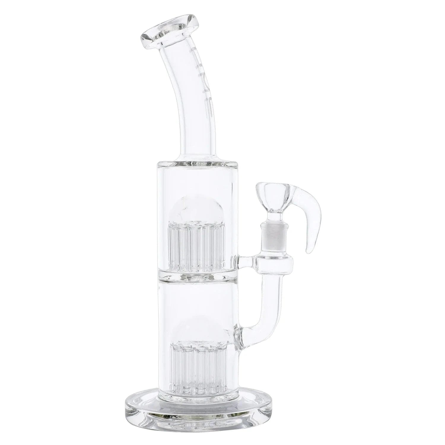 Side view of the clear 13" Hue - Jellyfish Bong Clear showing its curved mouthpiece, dual percolator chambers, and removable bowl against a white background