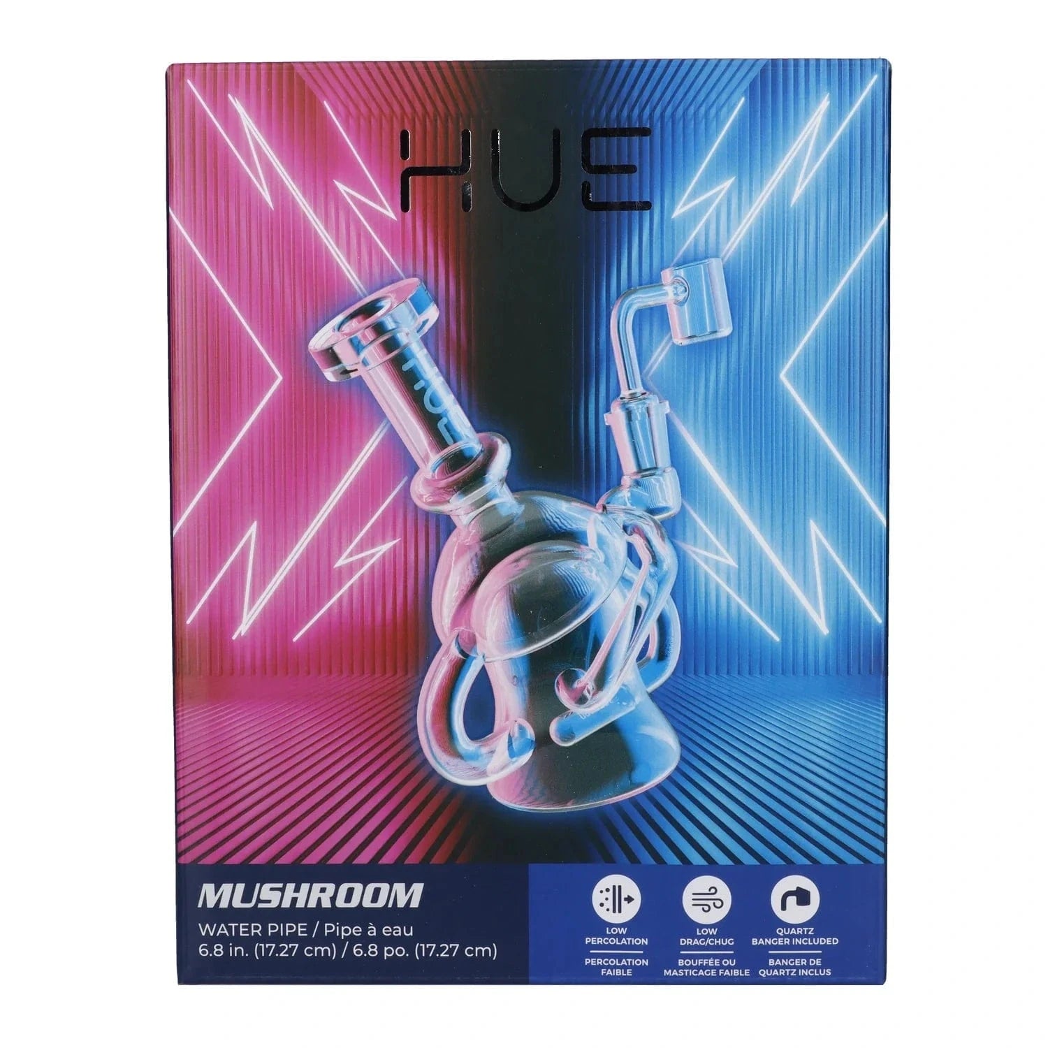 Front-centered image of the Mushroom Dab Rig Clear - 6.8" displayed against a neon pink and blue striped background with lightning accents.
