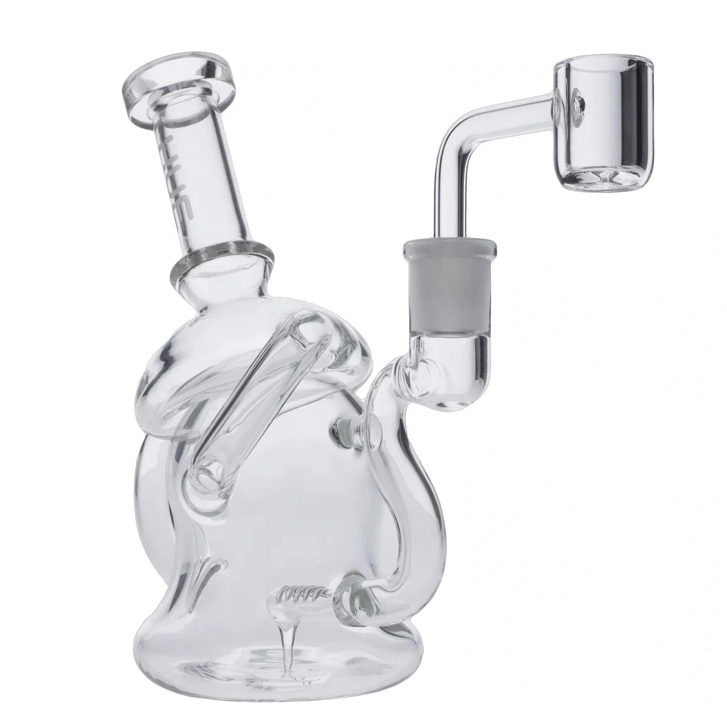 Close-up front three-quarter view of the Mushroom Dab Rig Clear - 6.8" showing its clear glass body, angled mouthpiece, and bent quartz banger against a white background